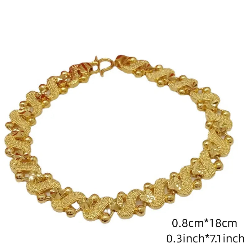 S Shape With Flower And Heart Pattern Golden Chain Bracelet