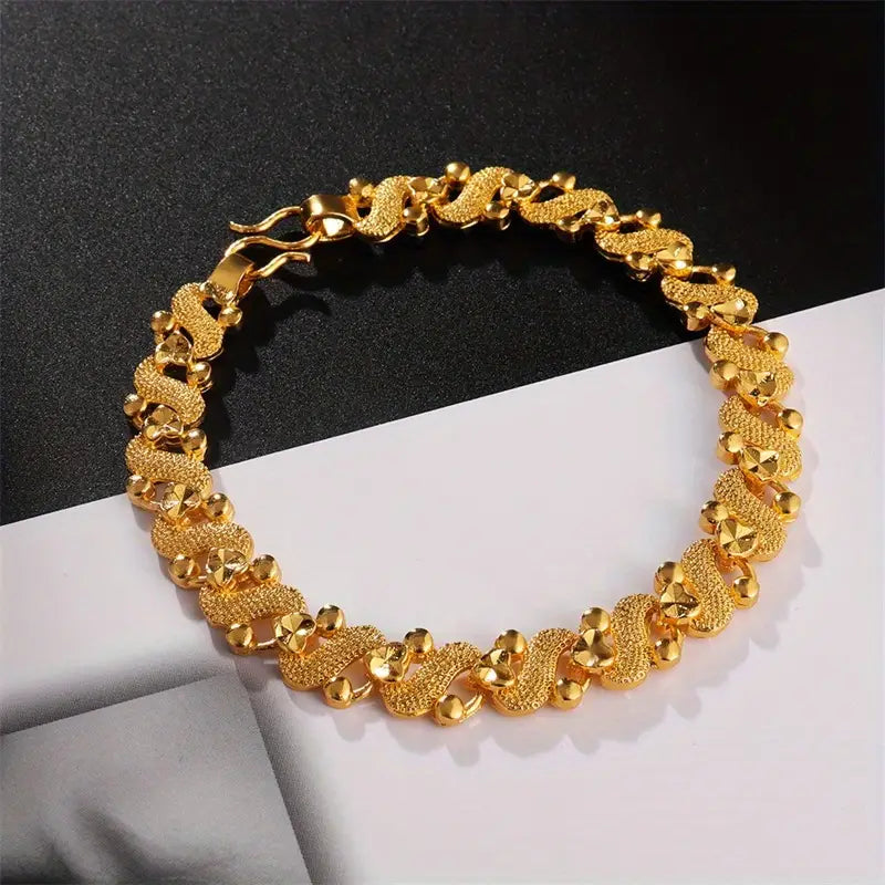 S Shape With Flower And Heart Pattern Golden Chain Bracelet