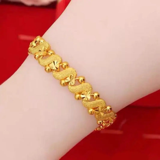 S Shape With Flower And Heart Pattern Golden Chain Bracelet
