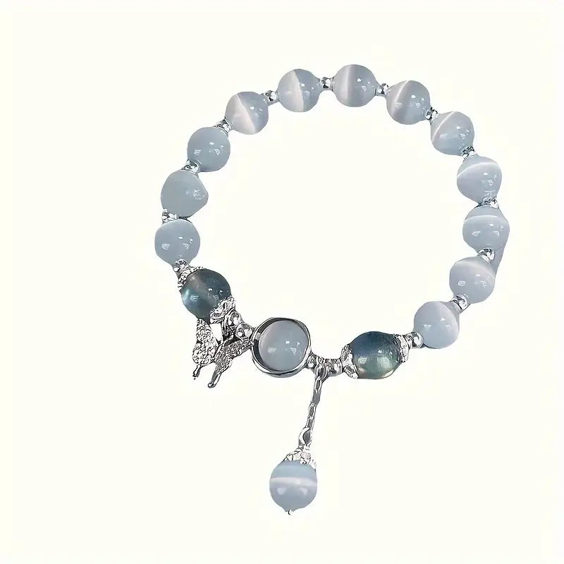 Cat Eye Stone Beaded Bracelet With Butterfly Charm