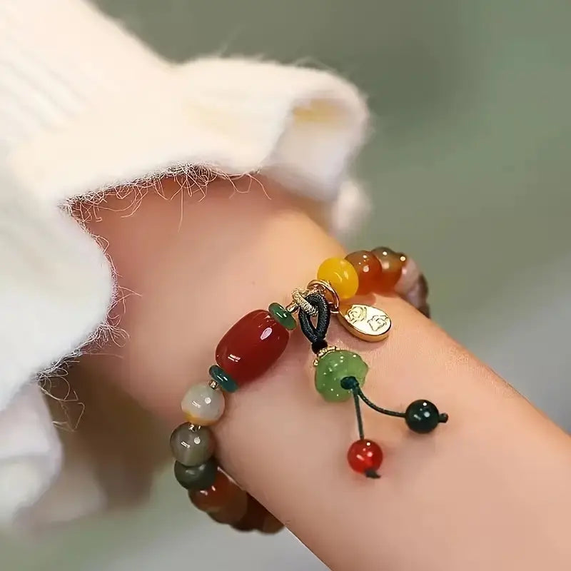 Colorful Glass Bead Bracelet with Lucky Charm Pendant