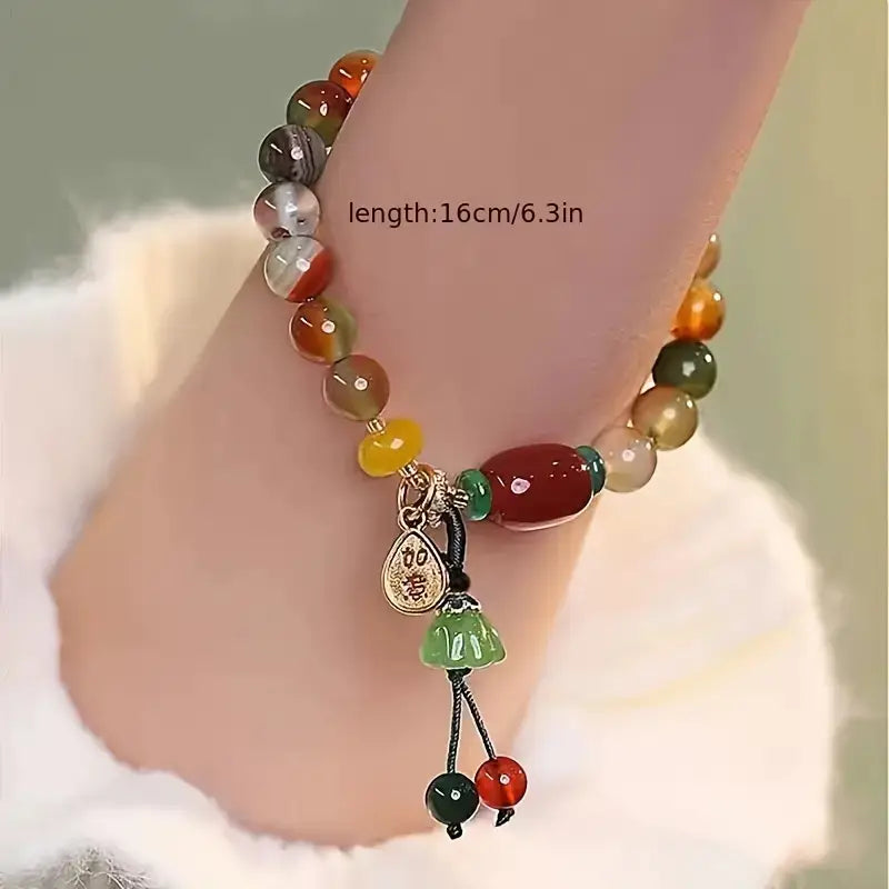 Colorful Glass Bead Bracelet with Lucky Charm Pendant