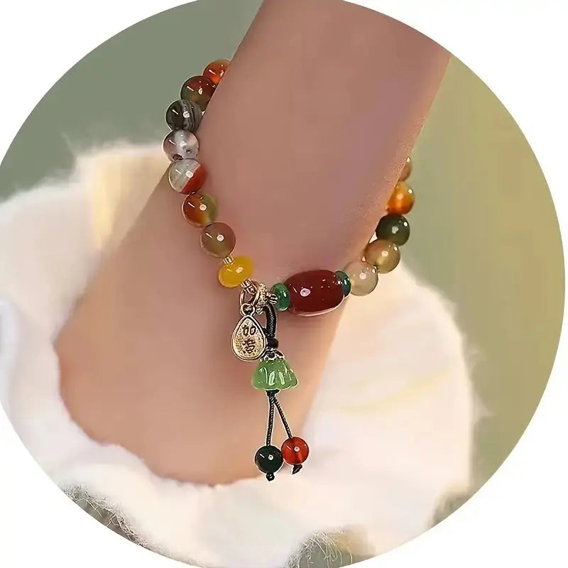 Colorful Glass Bead Bracelet with Lucky Charm Pendant