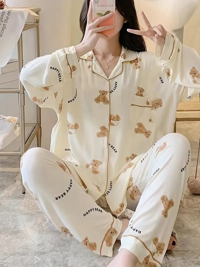 Cartoon Bear Print Pajama Set