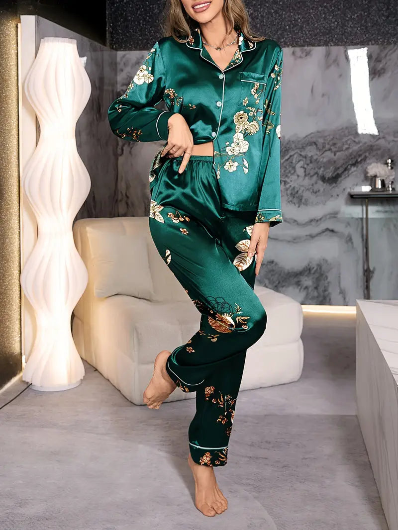 Floral Print Satin Casual Pajama Set