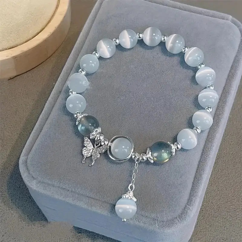 Cat Eye Stone Beaded Bracelet With Butterfly Charm