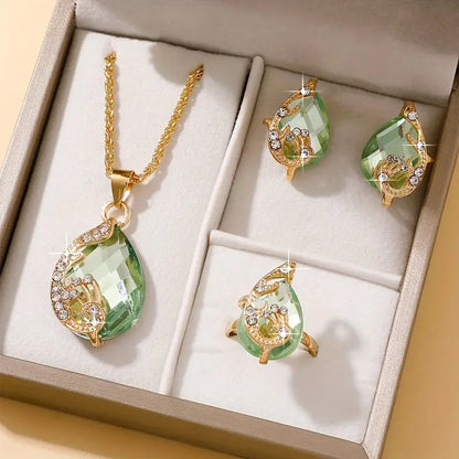 4pcs Elegant Teardrop Glass Rhinestone Jewelry Set for Women