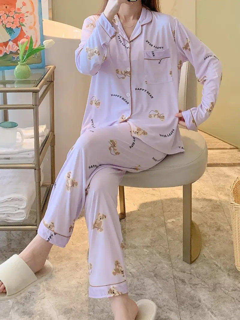 Cartoon Bear Print Pajama Set