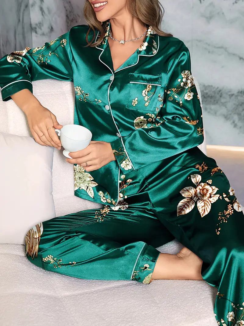 Floral Print Satin Casual Pajama Set