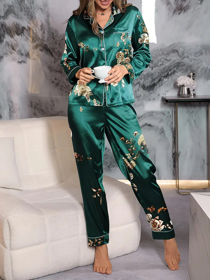 Floral Print Satin Casual Pajama Set