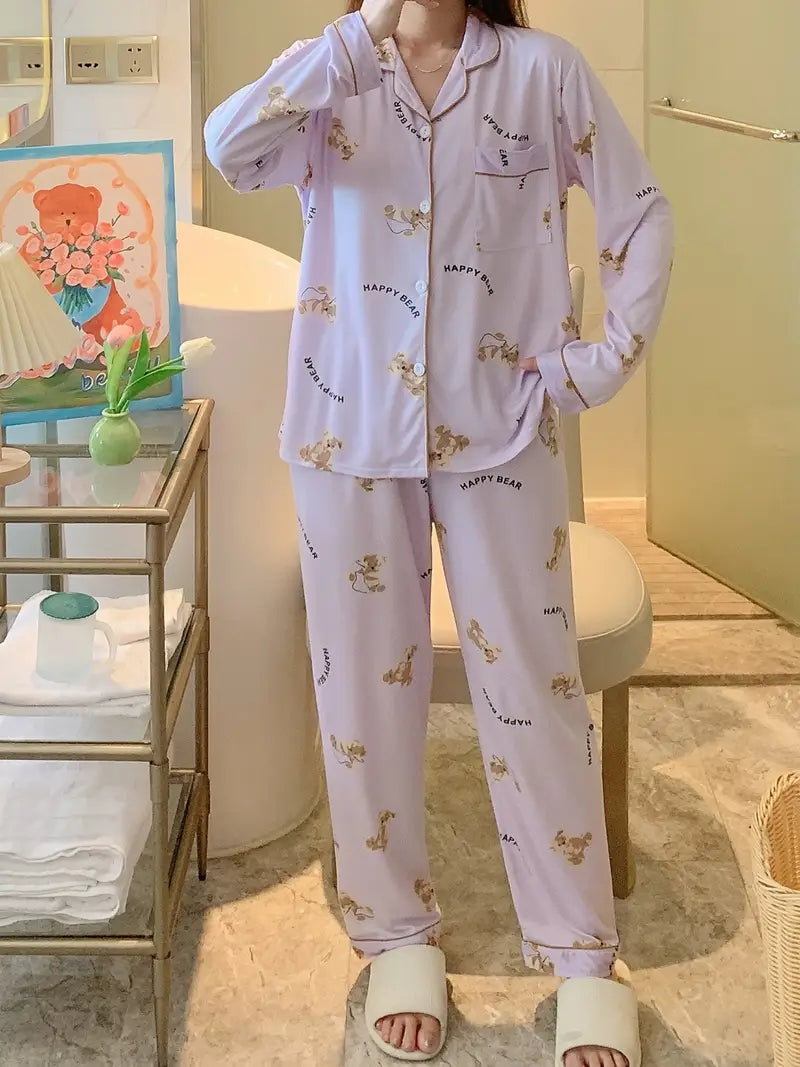 Cartoon Bear Print Pajama Set