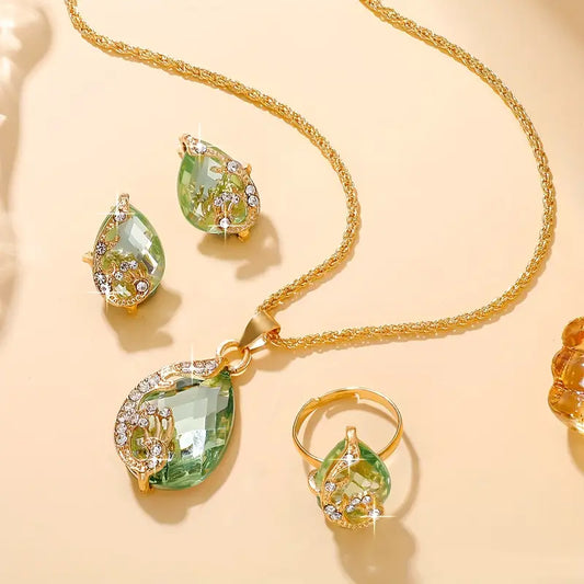 4pcs Elegant Teardrop Glass Rhinestone Jewelry Set for Women