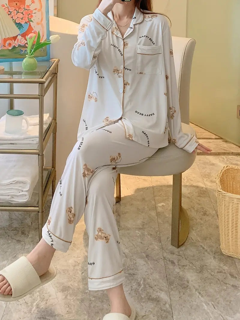 Cartoon Bear Print Pajama Set